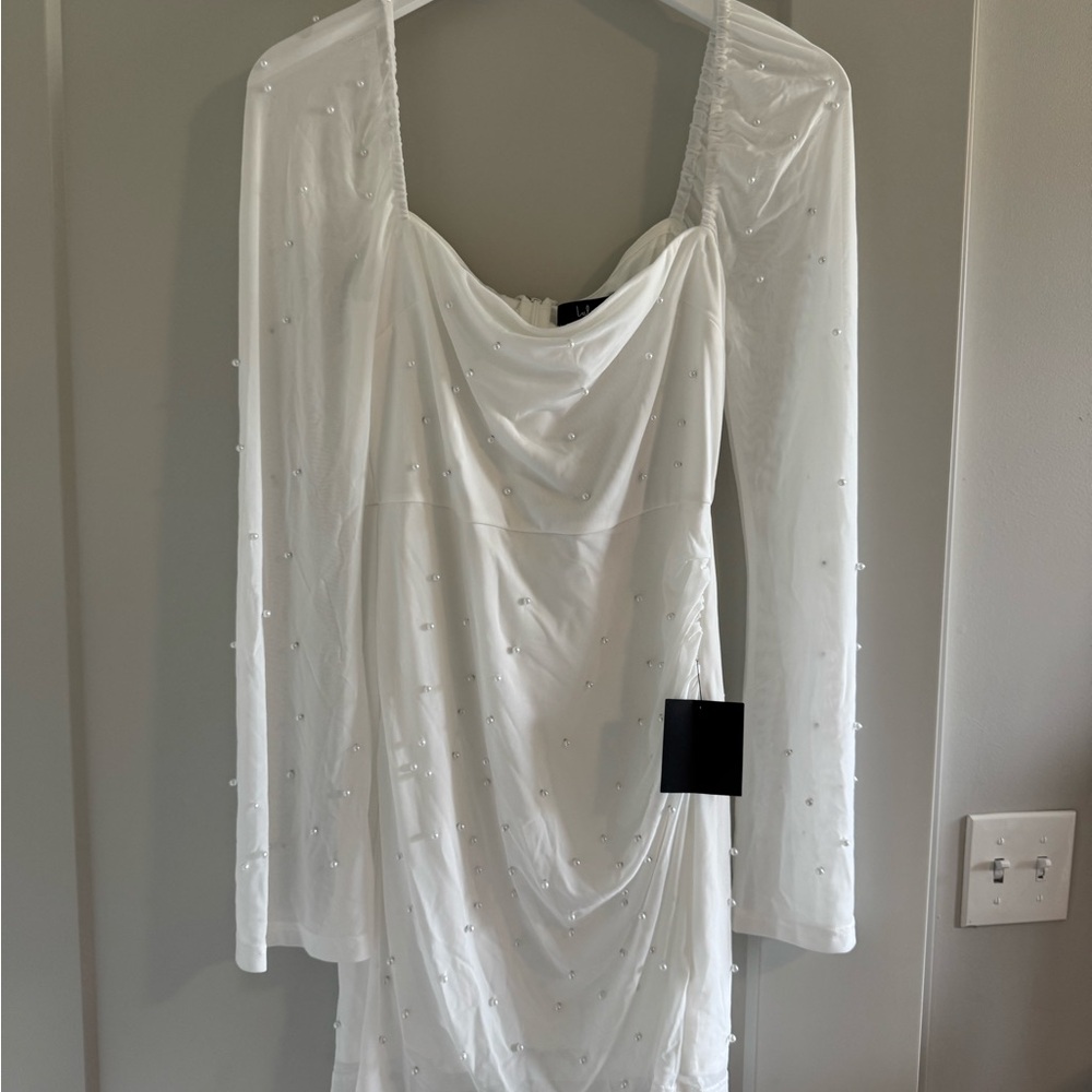 Lulu's White Sheath Long Sleeve Neck Dress with Pearls